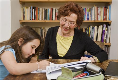 Volunteer in the media center with student 